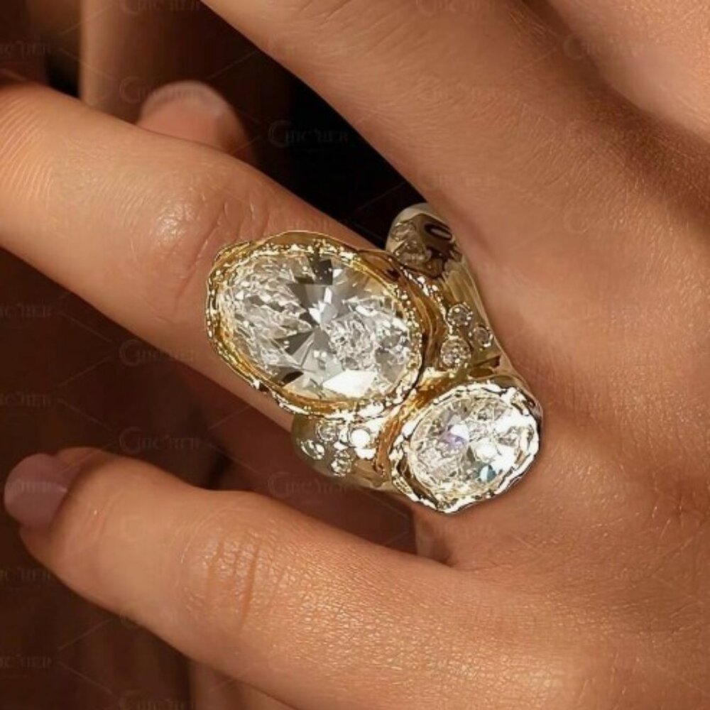 NEW 18K Gold Plated Asymmetrical Toi Et Moi CZ Cocktail Ring | Vintage Beauty